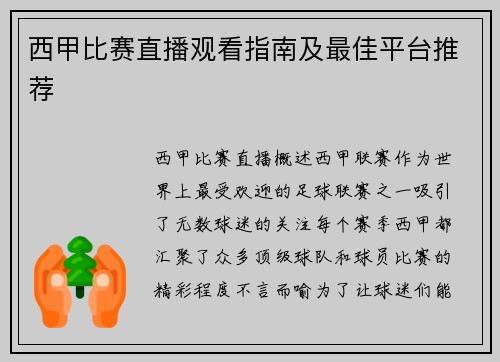 西甲比赛直播观看指南及最佳平台推荐